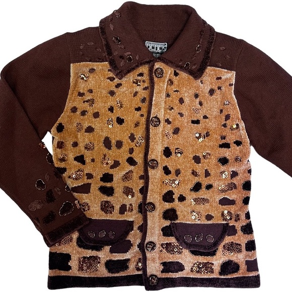 Berek Vintage Chenille Button Front Cardigan Beaded Sequins Giraffe Sweater - Picture 2 of 9